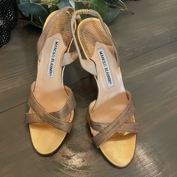 Manolo Blahnik Shoes - Manolo Blahnik Gold Vintage Reptile Strappy Heel GUC 36.5/6